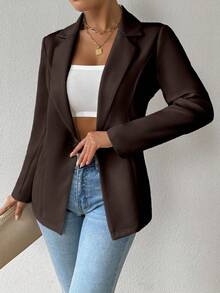 SHEIN Unity Women's Solid Color Lapel NeckLong Sleeve Single-Button Casual Blazer Jacket, Autumn - Mocha Brown - View 1