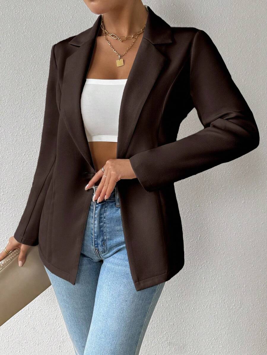SHEIN Unity Women's Solid Color Lapel NeckLong Sleeve Single-Button Casual Blazer Jacket, Autumn - Mocha Brown - View 1