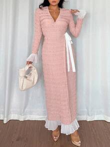 Chiquease French Palace Style Lace Crochet Dress,Pink And White,Autumn,Elegant,Wedding Ninang,V-Neck Tie Waist Slim Fit Long Party Wedding Guest Dresses Women - Dusty Pink - View 6