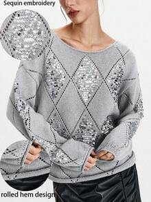 SHEIN LUNE Rhombus Sequin Embroidery Loose Pullover Sweater, Autumn/Winter Fall Cloth For Women - Grey - View 1