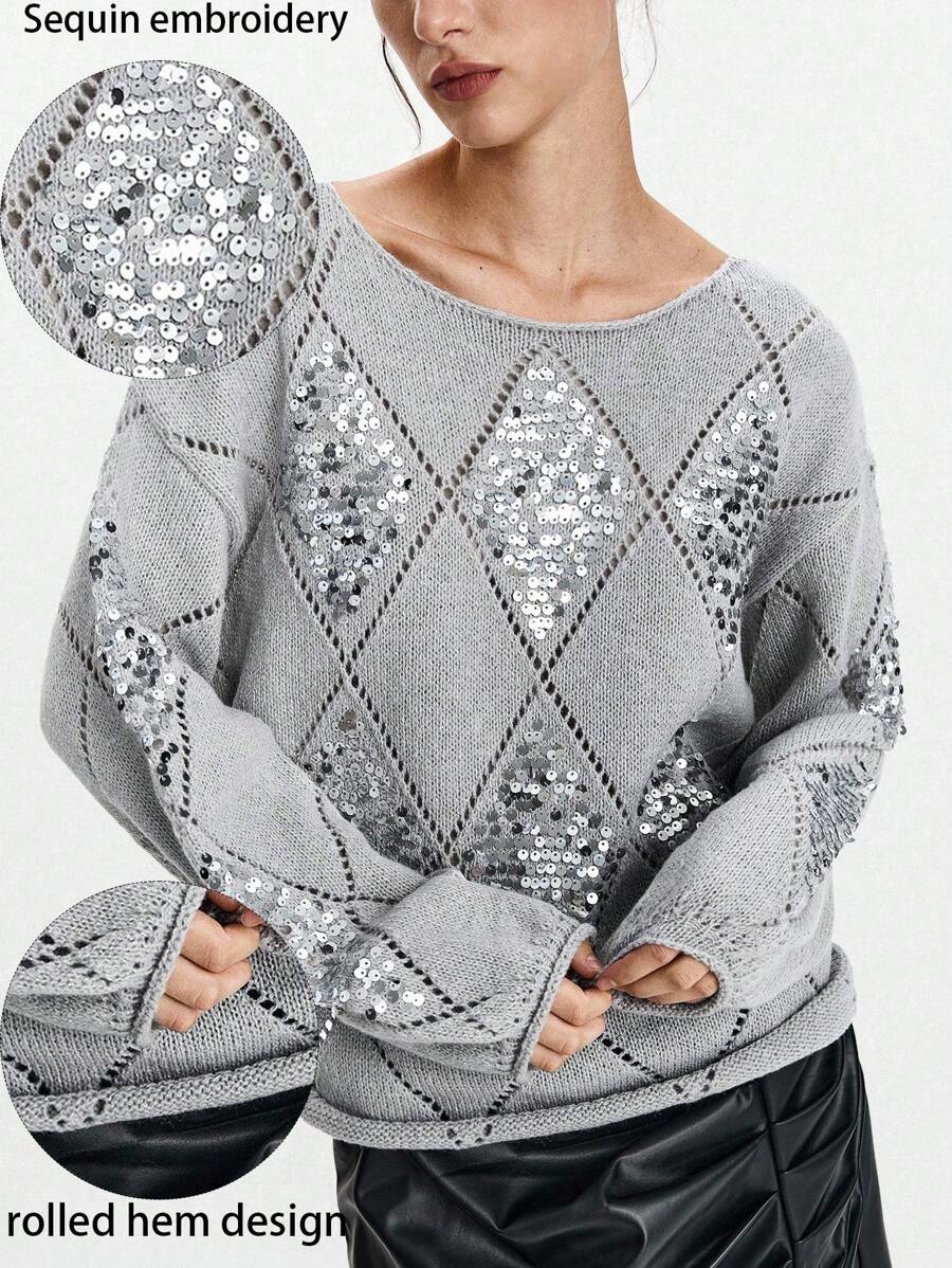 SHEIN LUNE Rhombus Sequin Embroidery Loose Pullover Sweater, Autumn/Winter Fall Cloth For Women - Grey - View 1