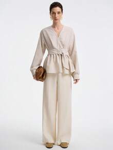 Aalyst Women's Elegant Beige Autumn Linen Cotton Blend V-Neck Ruffle Hem Lantern Sleeve Blouse,Minimalist Office Fashionable Commuting Dual-Color Fall Top - Apricot - View 5