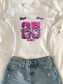 少女数字印花圆领短袖休闲T恤 - 彩色 - 查看 4