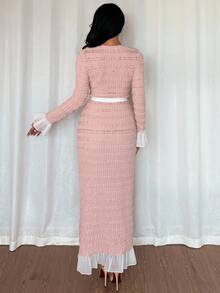 Chiquease French Palace Style Lace Crochet Dress,Pink And White,Autumn,Elegant,Wedding Ninang,V-Neck Tie Waist Slim Fit Long Party Wedding Guest Dresses Women - Dusty Pink - View 2