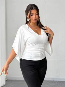 Elenzga Plus Size Women Waist Cinched Casual French Style Versatile T-Shirt - White - View 5
