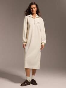 Hanevo 秋冬新款休闲街头简约通勤宽松返校高领拉链半开下摆套头长袖开叉H型宽松卫衣连衣裙女 - 杏色 - 查看 6