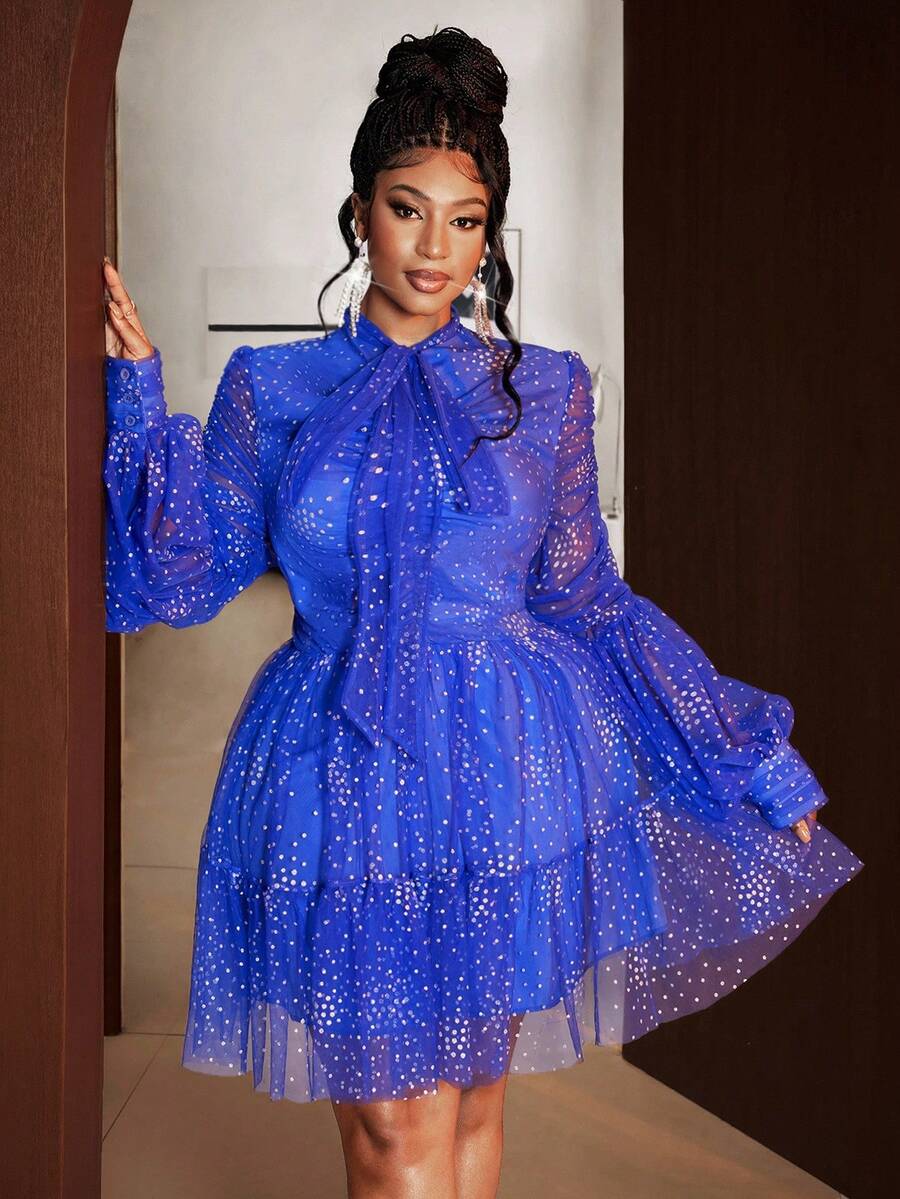 Maweii Plus Size Women Elegant Vintage Party Mini Dress, Lantern Sleeve, Metallic Foil Mesh, Bodycon - Blue - View 1