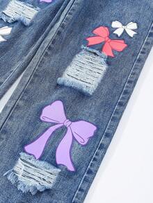 Denimly Tween 女童休闲日常都市街头学院风浅色水洗蝴蝶印花设计腰部松紧腰拉链门襟阔腿破洞牛仔裤 - 深色水洗藍 - 查看 6