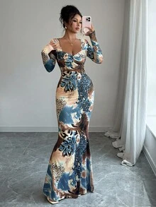 Rafferiza 优雅合身豹纹鱼尾连衣裙，正面扭纹细节，长袖 - 彩色 - 查看 6