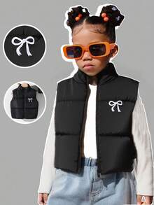 1 件女童秋季时尚宽松高领拉链蝴蝶刺绣无袖休闲运动百搭背心 - 黑色 - 查看 1