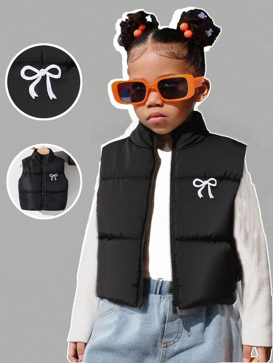 1 件女童秋季时尚宽松高领拉链蝴蝶刺绣无袖休闲运动百搭背心 - 黑色 - 查看 1