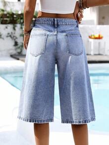 SHEIN Tall Quần short denim 3/4 rách rách cạp vừa giản dị - Rửa trung bình - Xem 2