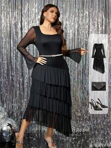 Ellevyn Curvy Plus Size 女式黑色高弹力网眼方领长袖喇叭袖收腰修身多层下摆优雅长裙 - 黑色 - 查看 2