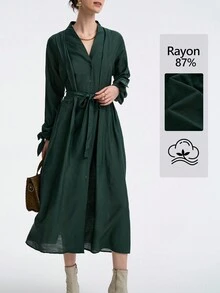 Aalyst Rochie de damă cu mânecă lungă și decolteu în V, cu volane pe umeri, talie legată și manșete cu nasturi, elegantă și versatilă pentru birou sau vacanță, potrivită pentru primăvară, toamnă și iarnă - Verde inchis - Vizualizare 1