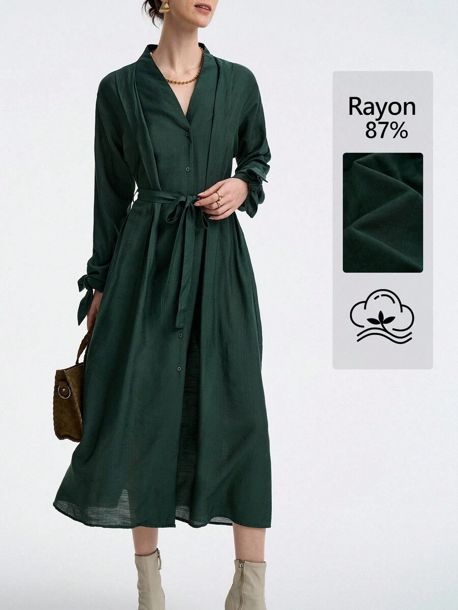 Aalyst Rochie de damă cu mânecă lungă și decolteu în V, cu volane pe umeri, talie legată și manșete cu nasturi, elegantă și versatilă pentru birou sau vacanță, potrivită pentru primăvară, toamnă și iarnă - Verde inchis - Vizualizare 1