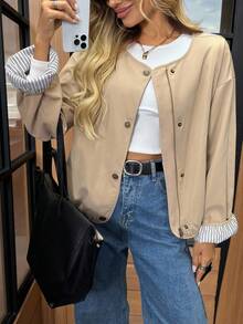 SHEIN LUNE Women Casual Striped Patchwork Basic Long Sleeve Jacket Coat, Everyday Wear For Autumn/Winter Casual Tops Fall Women Going Out Tops Women Going Out Back To School Teacher For Women Going Out Tops Women Back To School Winter For Women Office For Women Streetwear Work For Women Teacher Airport For Women Going Out Fall For Women Casual Women Winter For Women Cropped Jacket Preppy Jacket