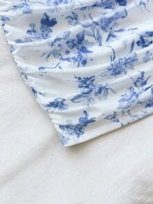 Teen Girls' Vacation Blue Floral Tie-Dye Print Square Neck Ruched Asymmetric Hem Long Sleeve Top And Mini Ruched Bodycon Skirt Set - Blue and White - View 7