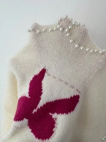 Elenzga Áo len chui đầu dệt kim thiết kế nơ jacquard ngọc trai thanh lịch dễ thương dành cho nữ mới - Màu be - Xem 7