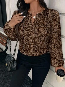 EMERY ROSE Back To School & Teacher's Day Commuter Style Casual Elegant Vintage Leopard Print Long Sleeve Plus Size Shirt, Suitable For Autumn/Winter Chic Blouses For Women,Fall Clothes For Women - Brown - View 5