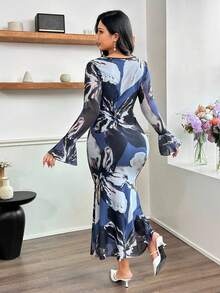 Modelyn Elegant Mesh Printed Round Neck Long Sleeve Fitted Plus Size Dress, Suitable For Spring And Autumn Fall Cloth For Women - Multicolor - View 2