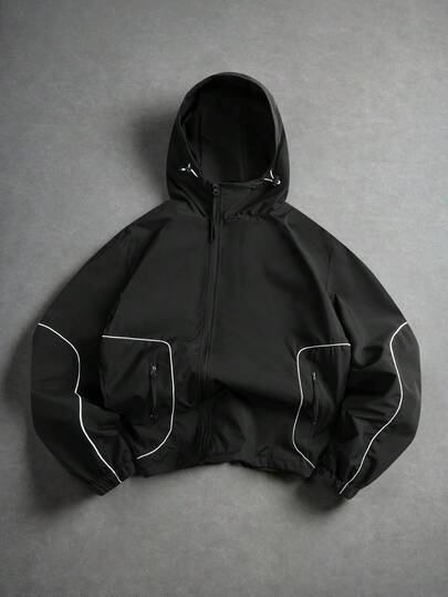 Manfinity Roghcode Men's Casual Contrast Trim Hooded Jacket Techwear Jacket, Men Zip-Up Futuristic Outdoor Windbreaker, Fall, Perfect Holiday Gift For Boyfriend & Husband