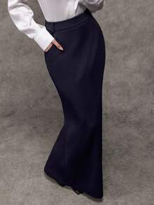 Avenya Women's Solid Color Elegant Decorative Button Maxi A-Line Skirt