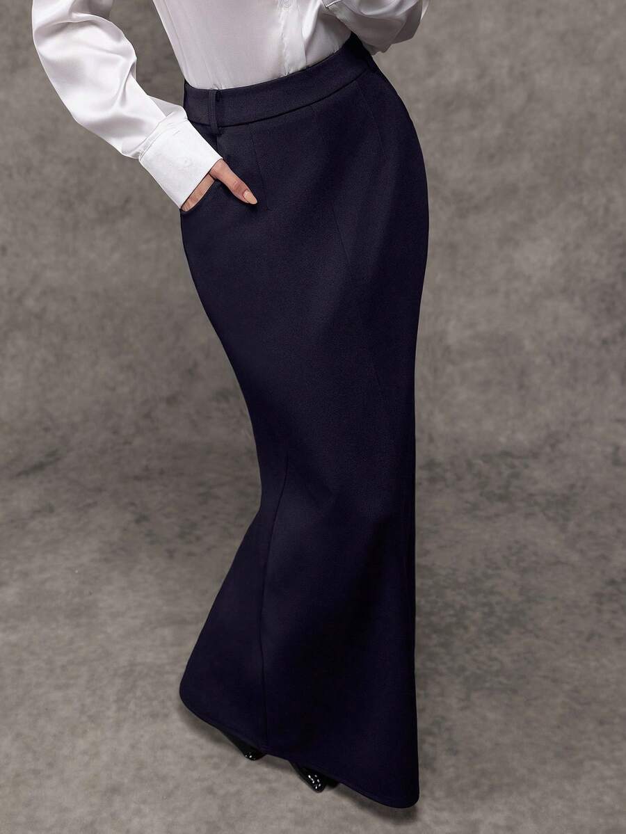 Avenya Women's Solid Color Elegant Decorative Button Maxi A-Line Skirt