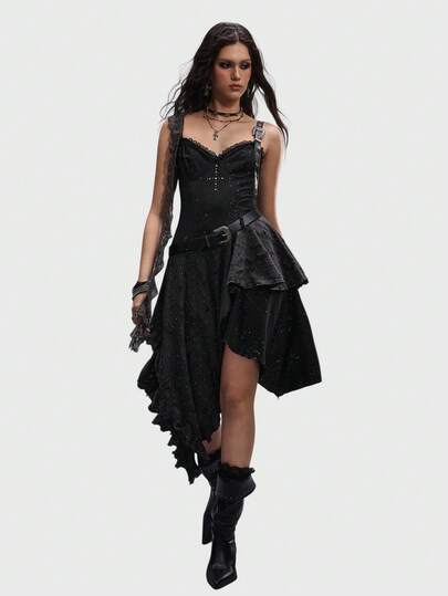 EDITION Distressed Y2K Vintage Goth Cross Beaded Patchwork Asymmetrical Hem Women Dress With Belt