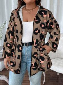 SHEIN LUNE 加大码豹纹连帽抽绳长款外套，秋冬女士印花外套，休闲长袖外套，豹纹动物印花外套 - 摩卡棕 - 查看 3