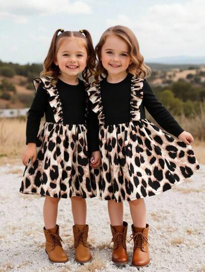 SHEIN Young Tween Girl's Frenchy Cute Knitted 2 In 1 Patchwork School Style Dress ,Leopard Splice Ruffle Hem Long Sleeve Dress, Autumn/Winter,Flounce Sleeve Ruffle Hem Dress,. Loose Casual Round Neck Long Sleeve Ruffle Hem Mid-Length Dress ,Cute Animal Prints,For Vacation & School Daily, Sisters Outfit,Mom And Daughter Matching.For Halloween. Fall
