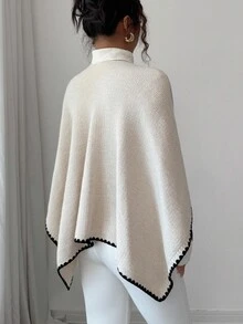 Elenzga 女士新款秋冬单件时尚披肩领开衩斗篷轻薄奢华休闲日常开衫毛衣 - 杏色 - 查看 2