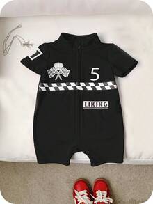 SHEIN Baby Infant Soft Knitted Letter Pattern Short Sleeve Romper With Shorts - Black - View 7