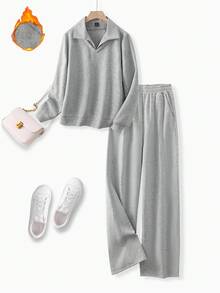 Franclia 女士休闲优雅条纹拼布领套头连帽衫和直筒抽绳腰羊毛运动裤套装，灰色