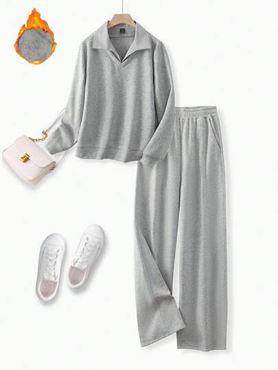 Franclia 女士休闲优雅条纹拼布领套头连帽衫和直筒抽绳腰羊毛运动裤套装，灰色