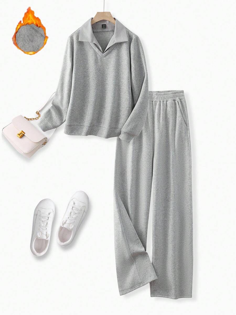 Franclia 女士休闲优雅条纹拼布领套头连帽衫和直筒抽绳腰羊毛运动裤套装，灰色