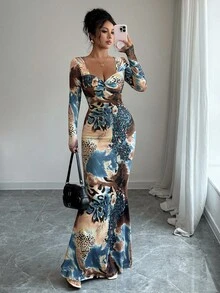 Rafferiza 优雅合身豹纹鱼尾连衣裙，正面扭纹细节，长袖 - 彩色 - 查看 7