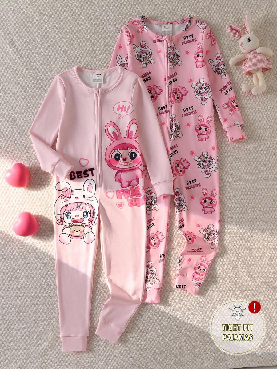 2pcs/Set Young Girl' Rabbit Pattern High Stretch Long Sleeve Jumpsuit Pajama Set  Snug Fit Fall Winter - Pink - View 1