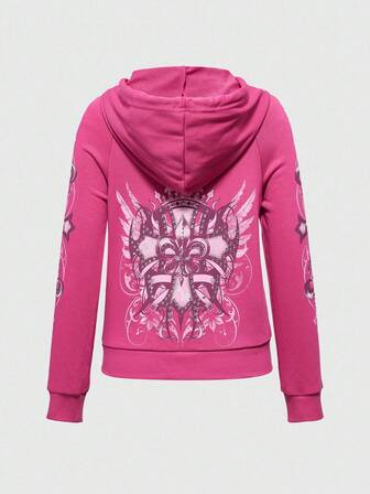 Grunge Punk Felpa con cappuccio aderente con grafica a croce in stile retrò Y2K per donna