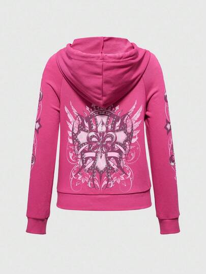 Grunge Punk Y2K Subculture Retro Fitted Cross Graphic Sweatshirt Hoodie For Women