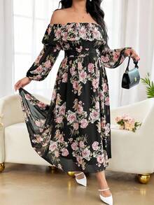 Modelyn Romantic Chiffon Floral Print Off Shoulder Long Sleeve A-Line Plus Size Dress, Spring/Autumn - Multicolor - View 5