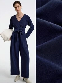 Aalyst Mono de pierna recta de cuello redondo de manga larga con cintura ceñida de falso lino azul marino para mujeres - Azul Marino - Ver 3