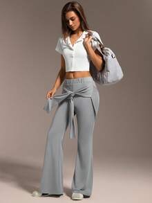 Hanevo Women's Grey Casual Sports Yoga 2 In 1 Fitted Long Flare Leggings - Light Grey - View 6