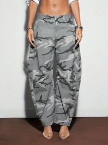 Denimoi 女式口袋迷彩图案宽松直筒牛仔裤 - 灰色 - 查看 5