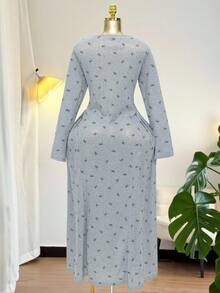 Modelyn Plus Size Long Sleeve Bow Print Casual Summer Dress - Grey - View 2