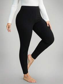 Comfylo Plus Size Women's Thermal Lined Long Leggings Work/Office Gym Fall Work/Office Gym Autumn High Stretch Ribbed Leggings Fall/Winter Chic Winter Thermal Lined Leggings - Dark Green - View 9