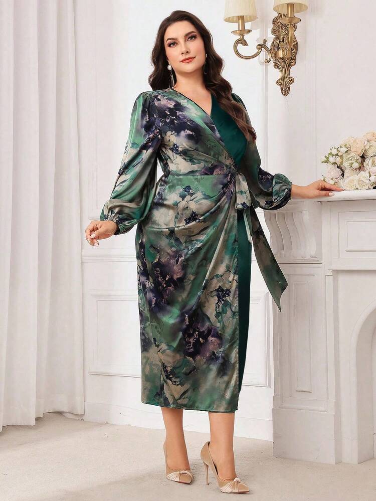 Modelyn 大码女式花卉印花侧结灯笼袖优雅连衣裙 - 彩色 - 查看 6