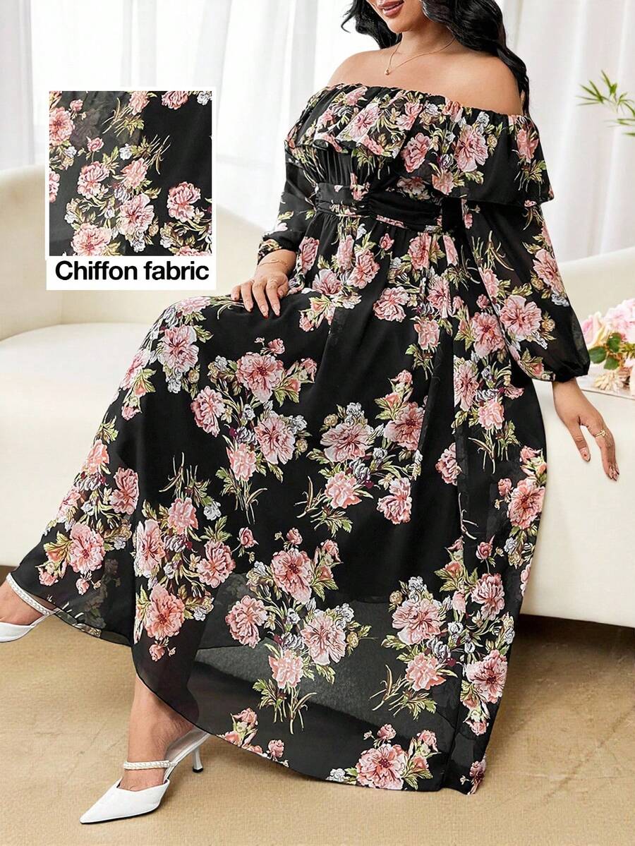 Modelyn Romantic Chiffon Floral Print Off Shoulder Long Sleeve A-Line Plus Size Dress, Spring/Autumn - Multicolor - View 1