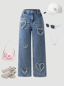 SHEIN Girls' Loose Fit Comfortable Wide Leg Heart Embroidered Jeans - Dark Wash - View 3