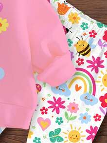 SHEIN Baby Mädchen Lässig Süß Floral, Gesicht, Regenbogen, Insekt, Schmetterling Muster Weich Dick Rundhals Langarm Sweatshirt und Leggings Set, geeignet für Herbst/Winter