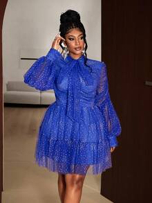 Maweii Plus Size Women Elegant Vintage Party Mini Dress, Lantern Sleeve, Metallic Foil Mesh, Bodycon - Blue - View 4